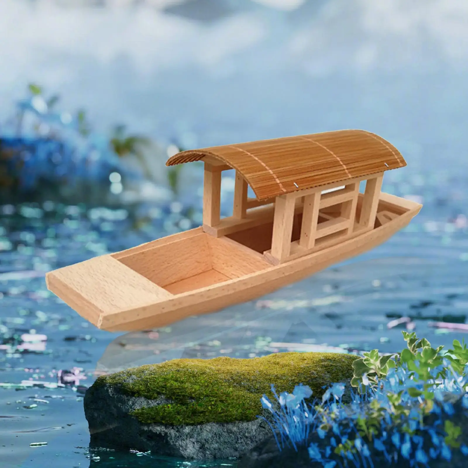 Wooden Awning Boat Mini Rowboat Toy Model for Desktop Shelf Decorations