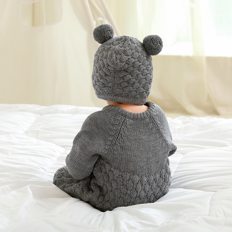Infant Neugeborenen Baby 2PCS Winter Warme Outfits, Lange Ärmel Einfarbig Gestrickte Romper + Bär Hut Set – Detail 10