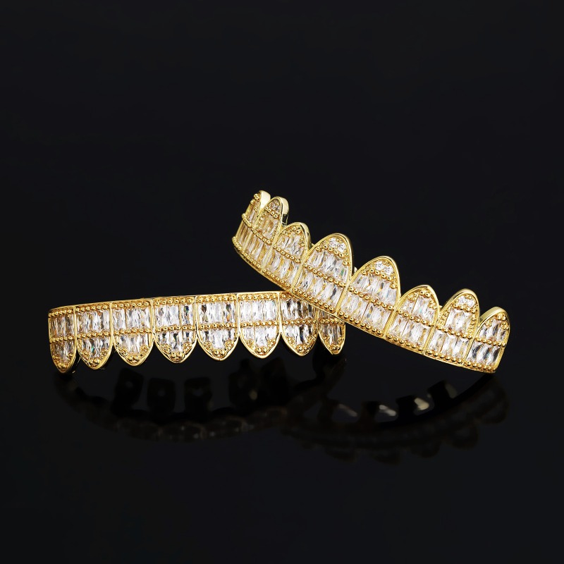 HipHop vereist t Quadrat Zirkon Zahn grillz Körper Piercing Schmuck Vampir echte vergoldete Zähne Grills oben unten Kappe gesetzt – Detail 4