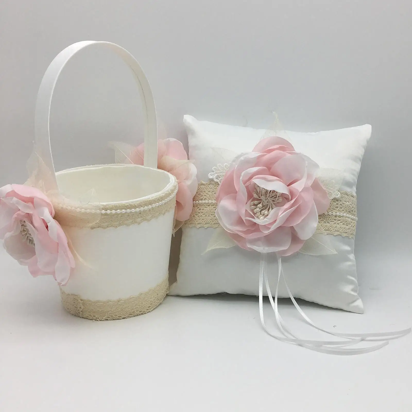Chic Lace Wedding Flower Girl Basket & Vintage Hessian Ring Bearer Pillow Cushion Set for Wedding Party Bride Decoration