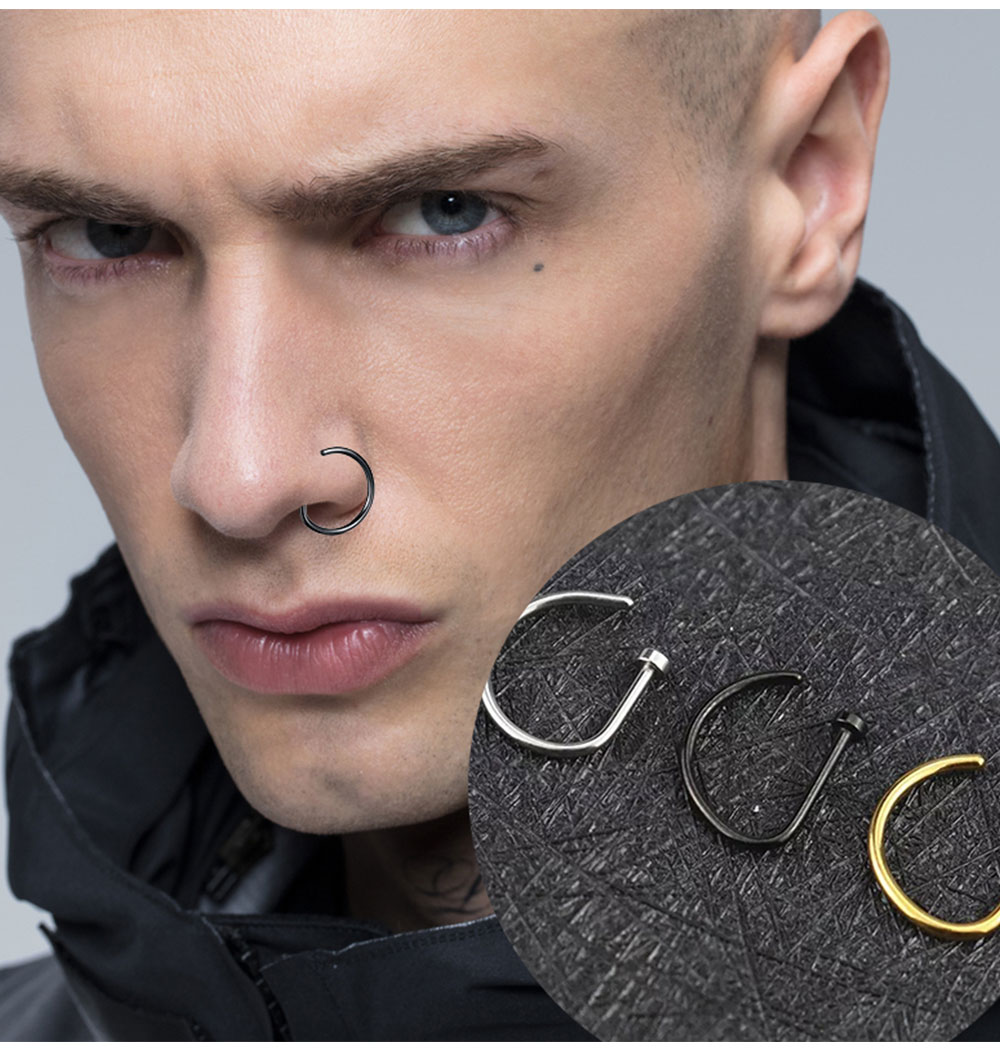 Curved Barbells Fake Nose Piercing D Shaped Tragus Helix Stud Earring Hoop Septum  Stainless Steel Ring Nostril Body Jewelry