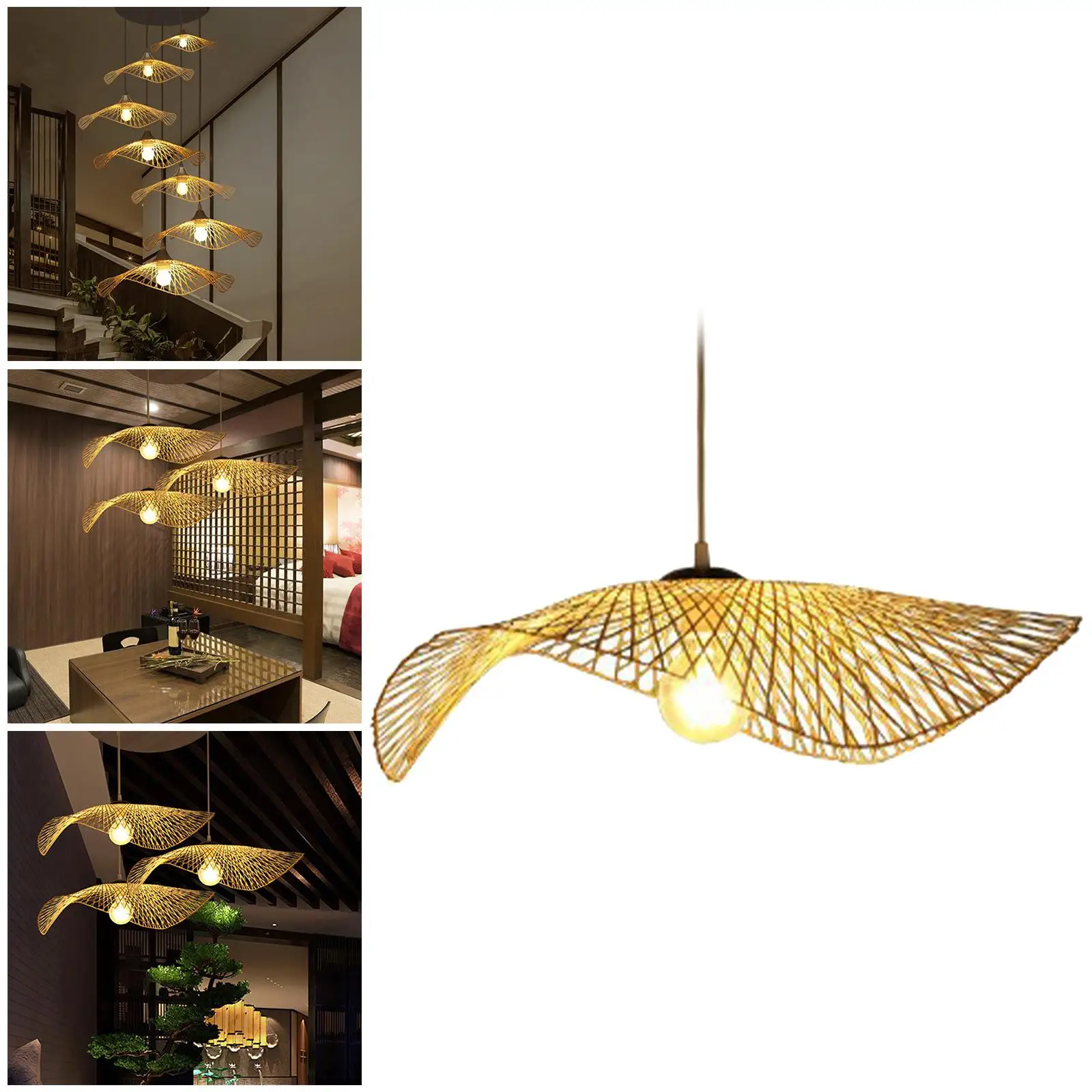 Bamboo Wicker Chandelier Lamp Fixtures Ceiling Pendant Light for Restaurant