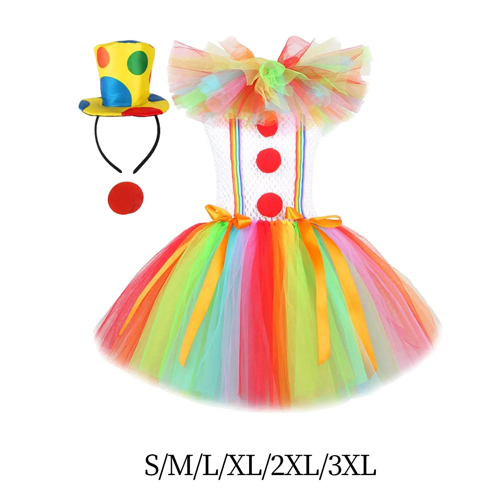 Child Girl Clown Costume Mesh Tutu Dress Outfits with Hat Hair Hoop Fancy Dress up Costume for Halloween Accessory Exquisite