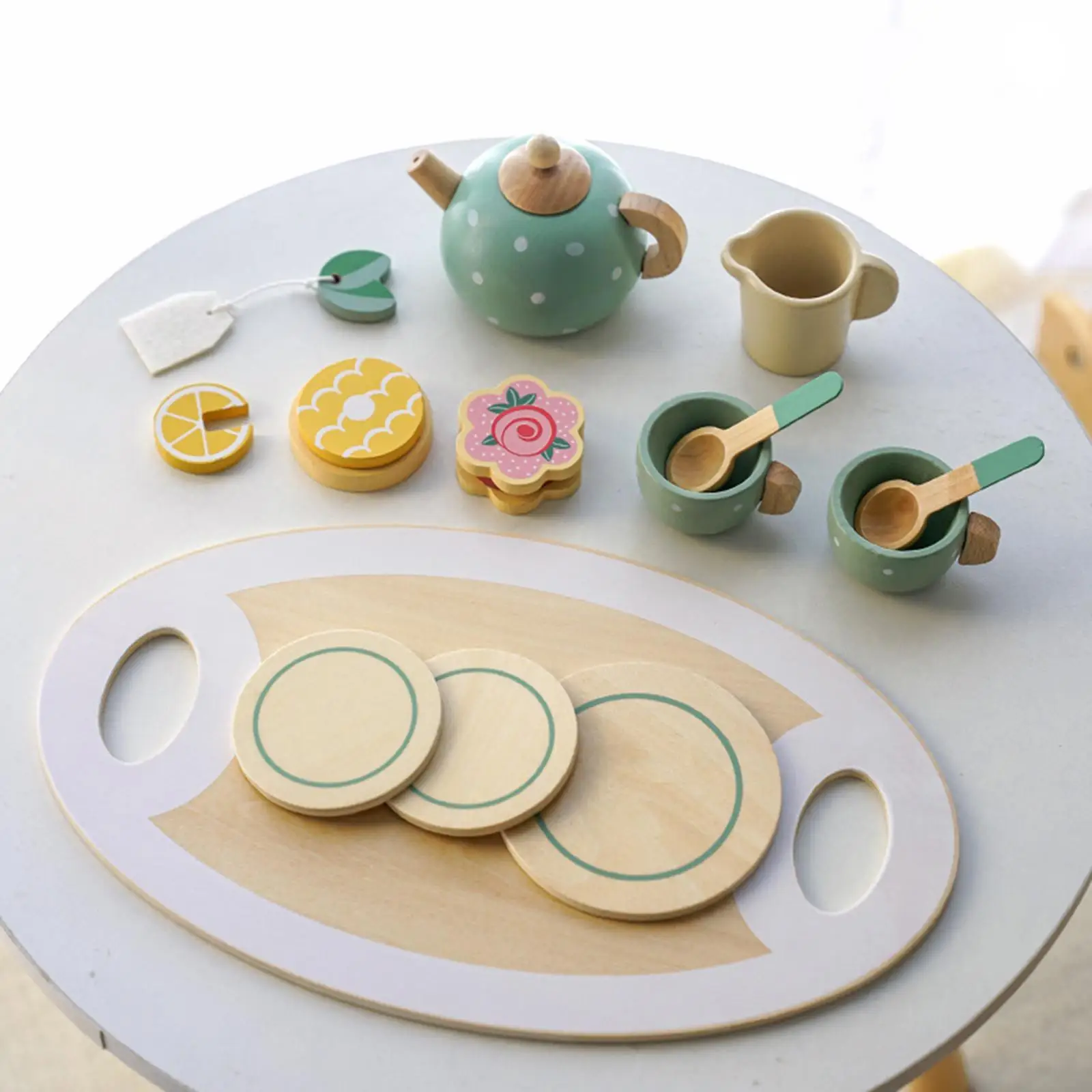 15 Pieces Tea Party Kitchen Playset Wooden Handiccraft Toy for Boy Girl Kids