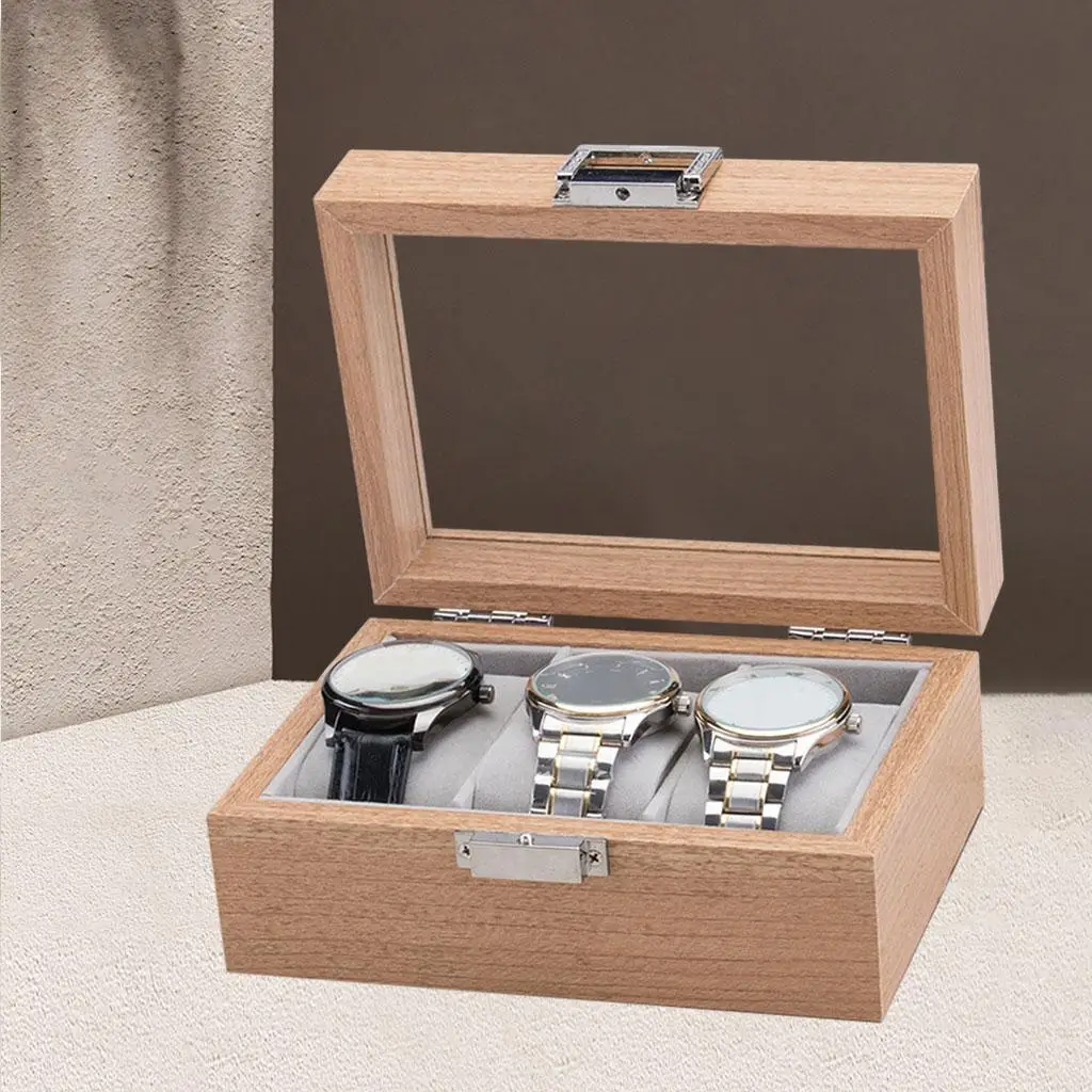 Wood Wrist Watch Display Case Box W/ Jewelry Storage Organizer, 3 Slot Dividers Keeps Everything and Organized
