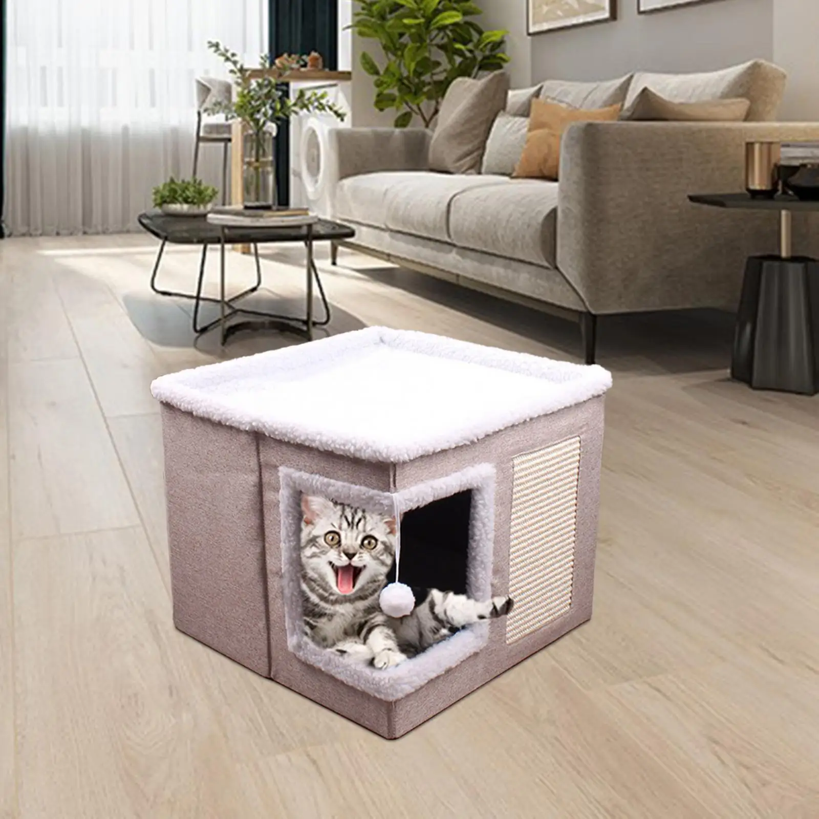Large Kitty Cave with Ball and Scratch Pad Cat House Cat Hideaway Cat Bed for Small Animals Outdoor Indoor Home Gift