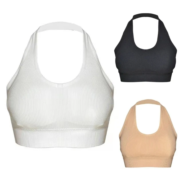 Women Halter V-neck Backless Crop Top Ribbed Knit Padded Wirefree Bralette  Solid Color Workout Sports Bras Camisole - Tube Tops - AliExpress