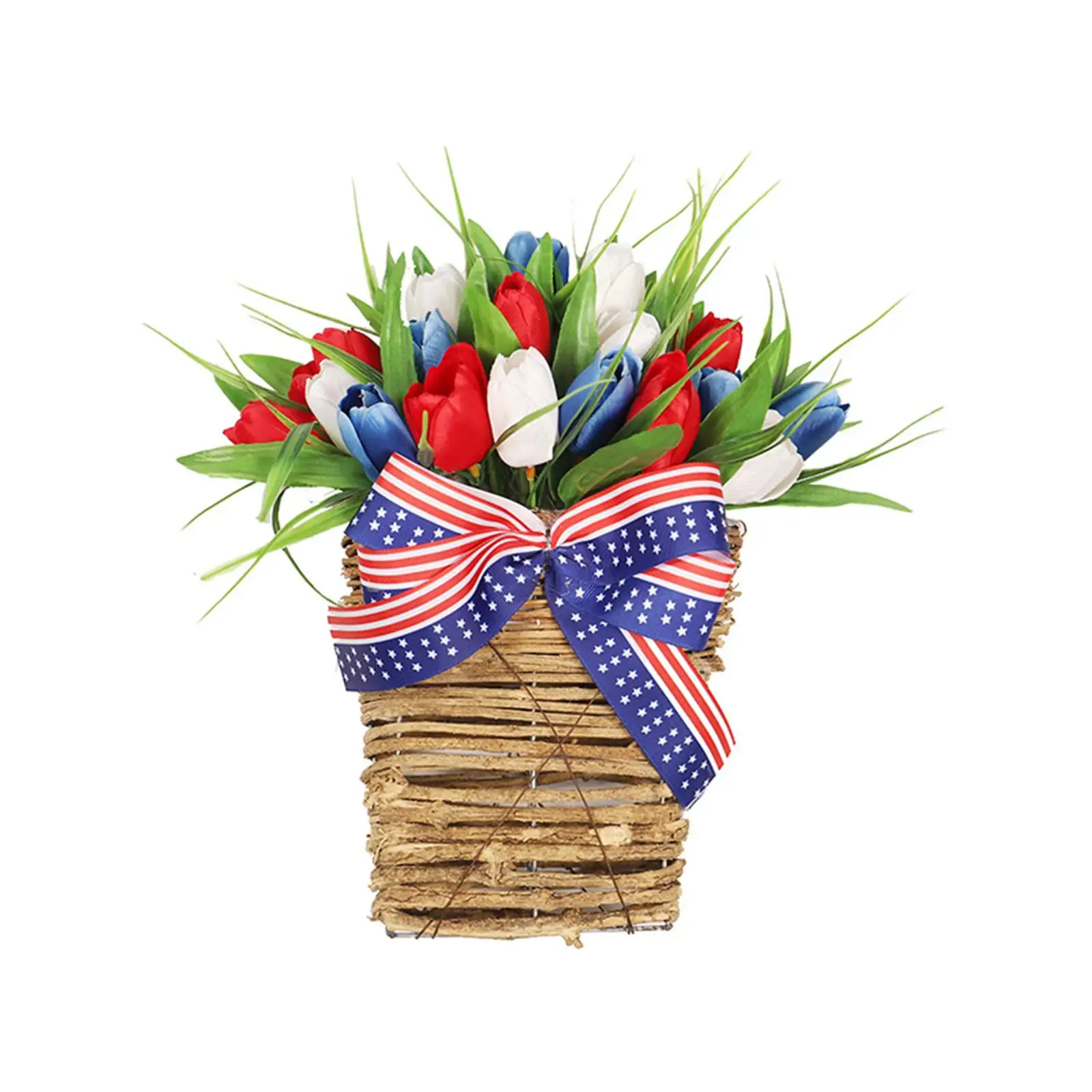 Patriotic Independence Day Wreath Floral Arrangement Hanging Basket Artificial Flowers Basket for Holiday Indoor Outdoor Balcony