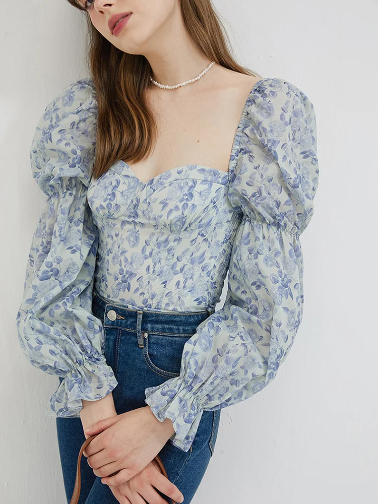Puff Sleeve Top blue   Women’s French Look blouse Style Spring Chic Slim plus size womens Aesthetic cotton-blend Tops Crop Fashion Sweetheart Office Lady Daily Floral Square neck Blouses for Woman