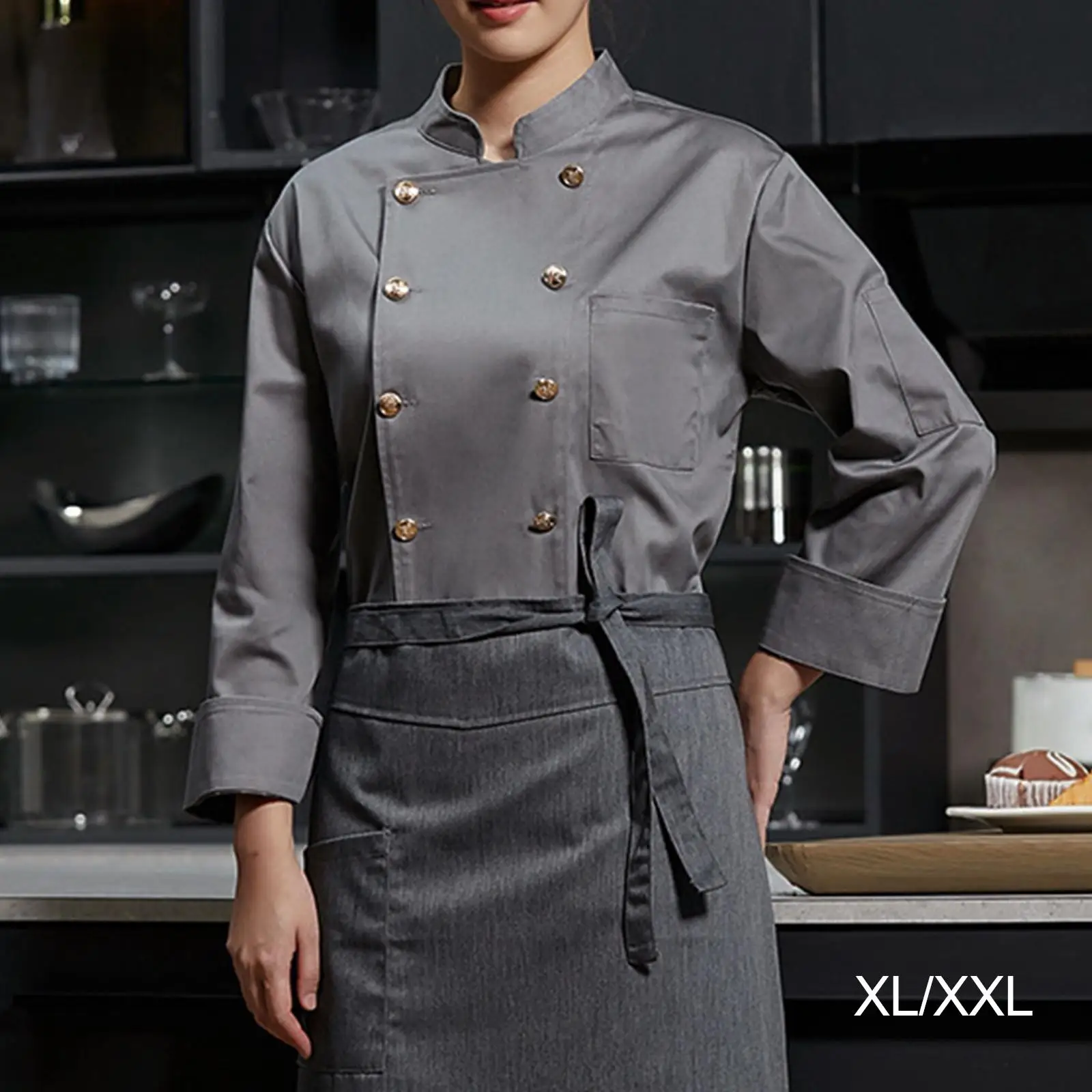 Chef Jacket Folded Cuffs Overalls Clothes Men Wear Resistant Soft Gray Chef Coat for Kitchen Food Industry Buffet Pub