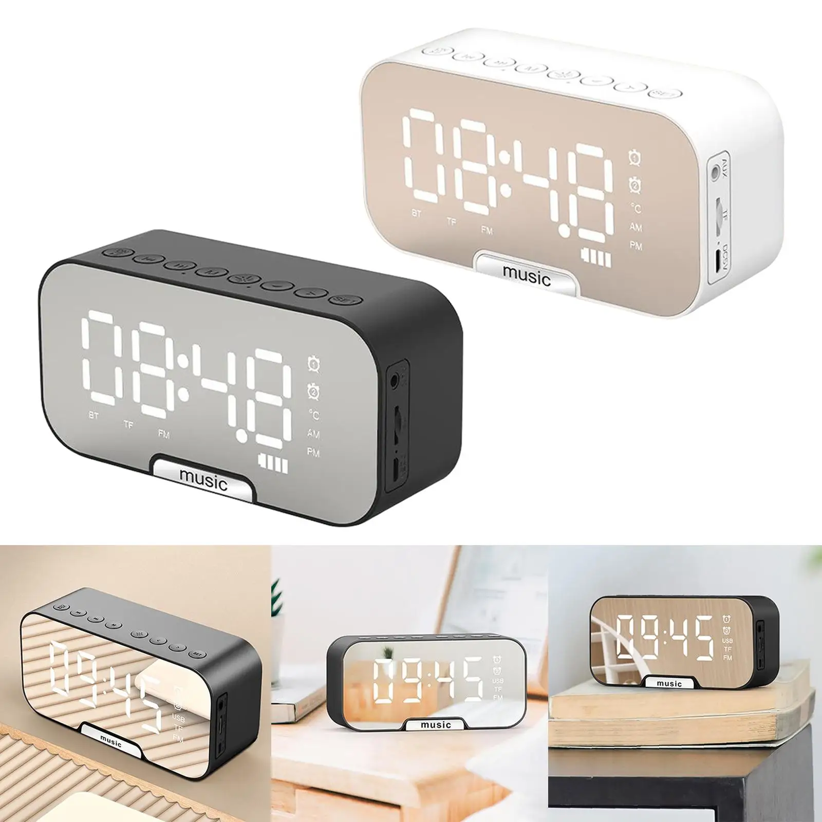 2Pcs  Speaker  for Bedroom Alarms Loud LED Big Display Clock with USB Charging Port, Adjustable Volume, Dimmable, Snooze
