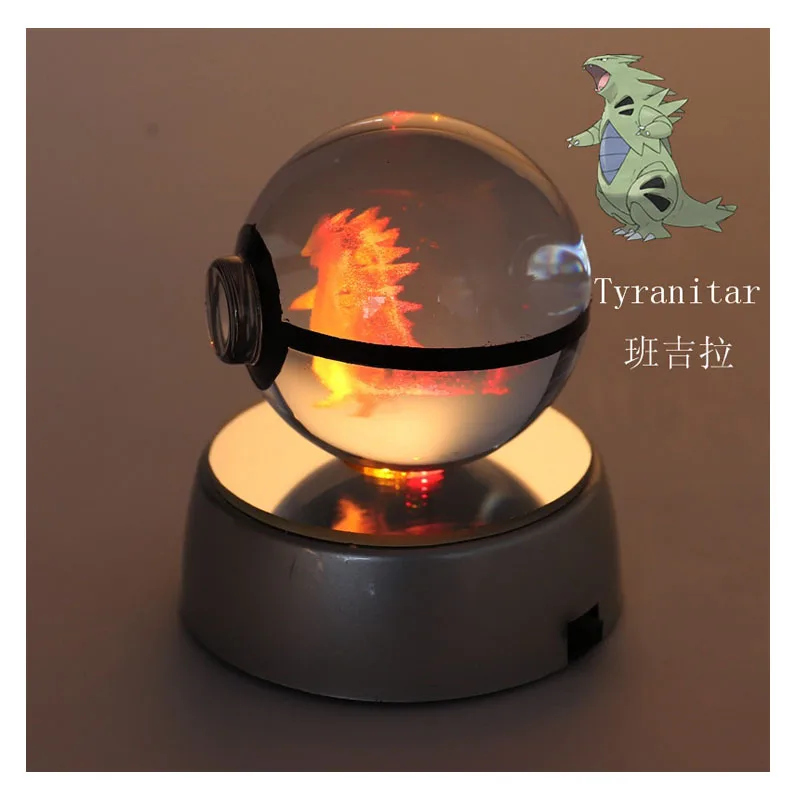 Anime Pokemon Tyranitar 3D Crystal Ball Pokeball Anime Figures Engraving Crystal Model with LED Light Base Kids Toy ANIME GIFT