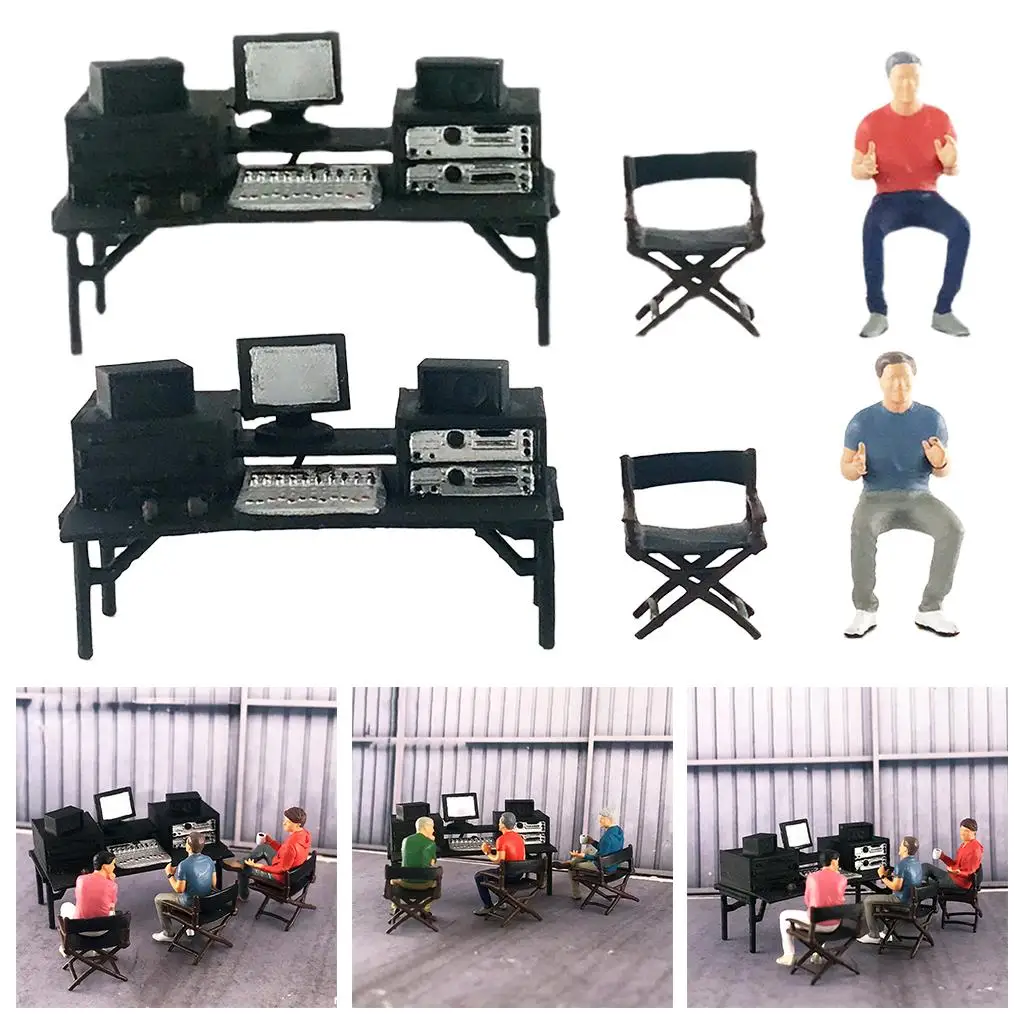 3 Pieces 1/64 Painted Figure Director Studio Resin W/ Table Chair Director 1:64 1/64 Ornament Dolls Mini Scene for Desktop Teens
