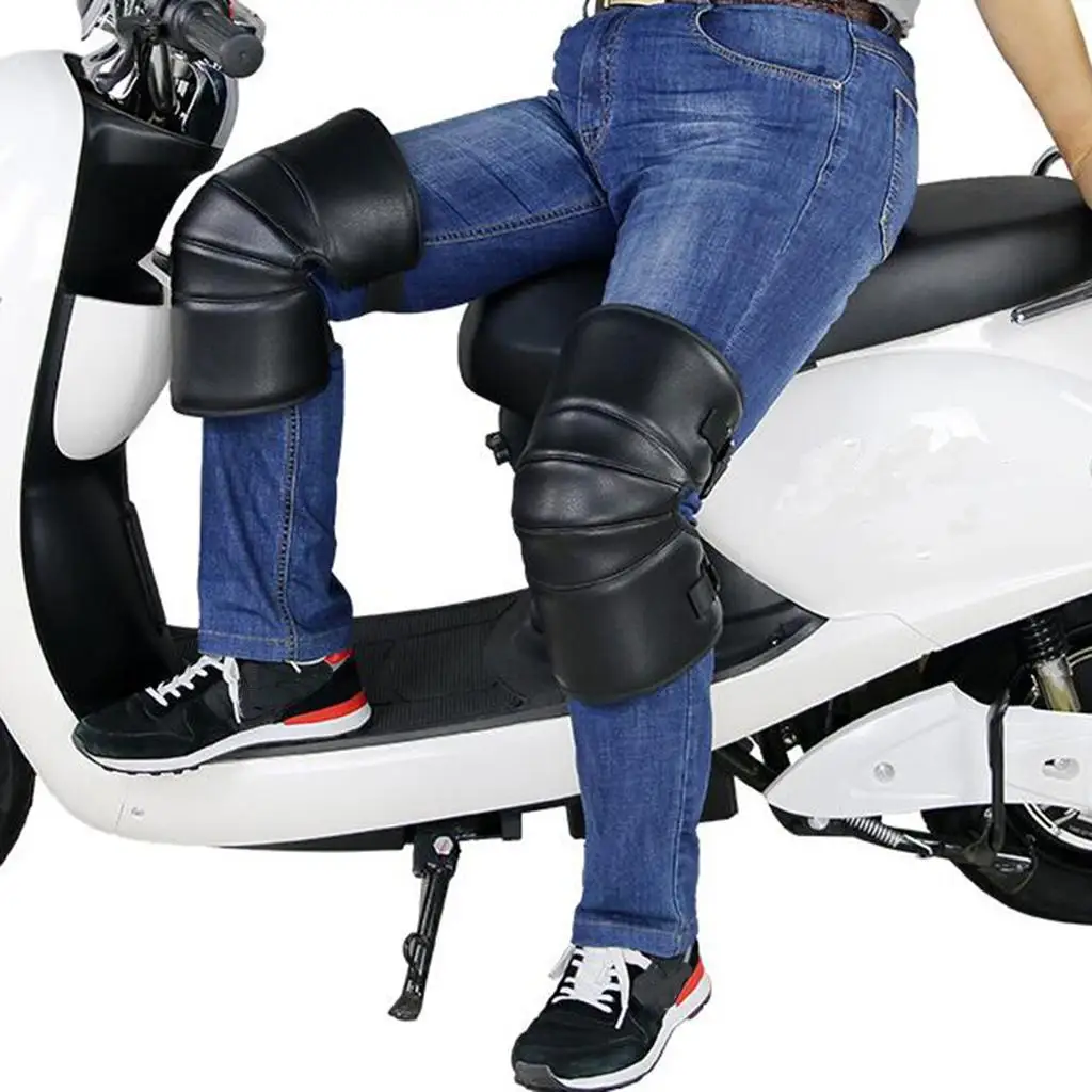 35cm Black Leather Motorcycle Warm Knee Pads Leg Warmers Adjustable