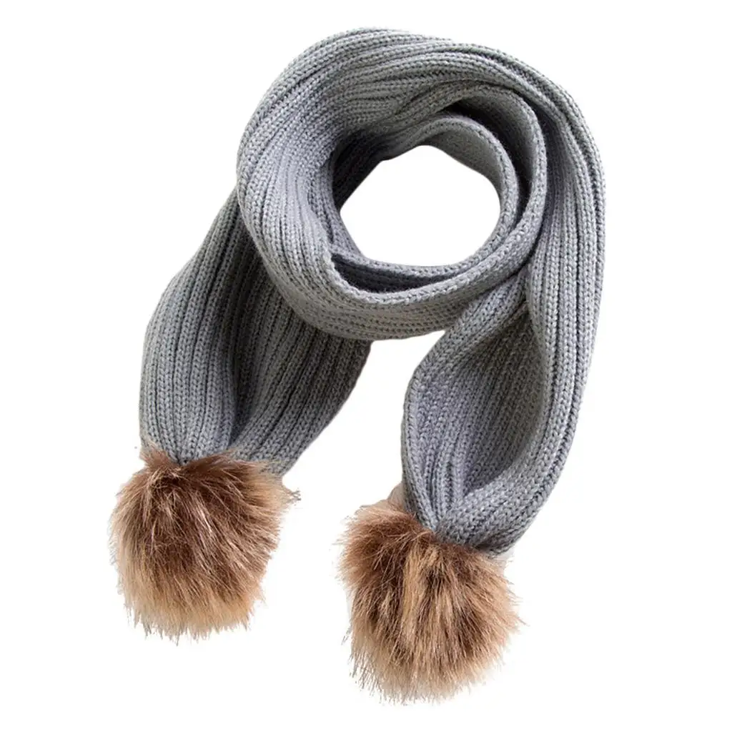 Children Girls Warm Soft Knit Winter Scarf Wrap-neck pompoms