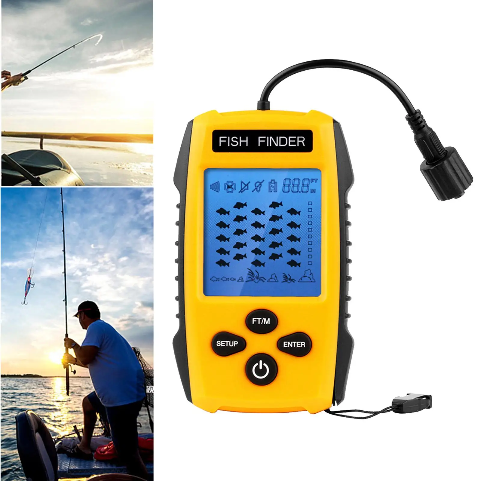 Portable Fish Finder Handheld Fishfinder Fishing Gear with Sonar Transducer, LCD Display (Yellow)
