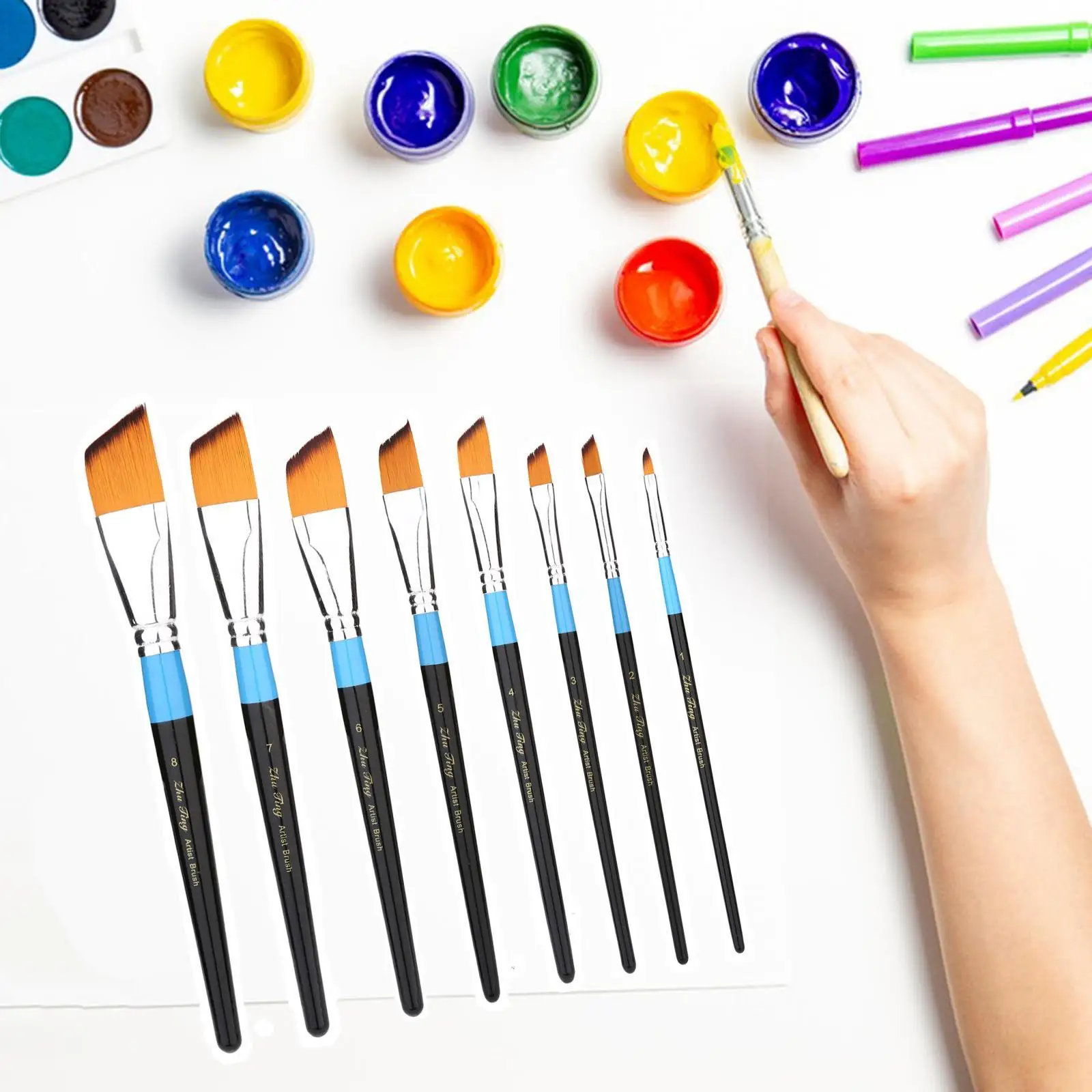 8Pcs Paint Brush Set Professional on Canvas, Wood, Face and Models Nylon Hair Paintbrushes for Gouache Oil Watercolor Painting