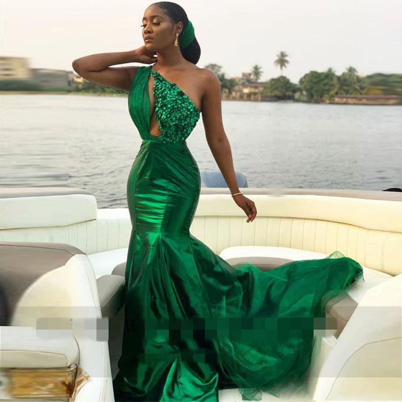 Glaring Sexy Green One Shoulder Mermaid Evening Dresses Sequined Sweep Train Satin Tulle Plus Size Prom Gowns Vestidos De Gala AliExpress