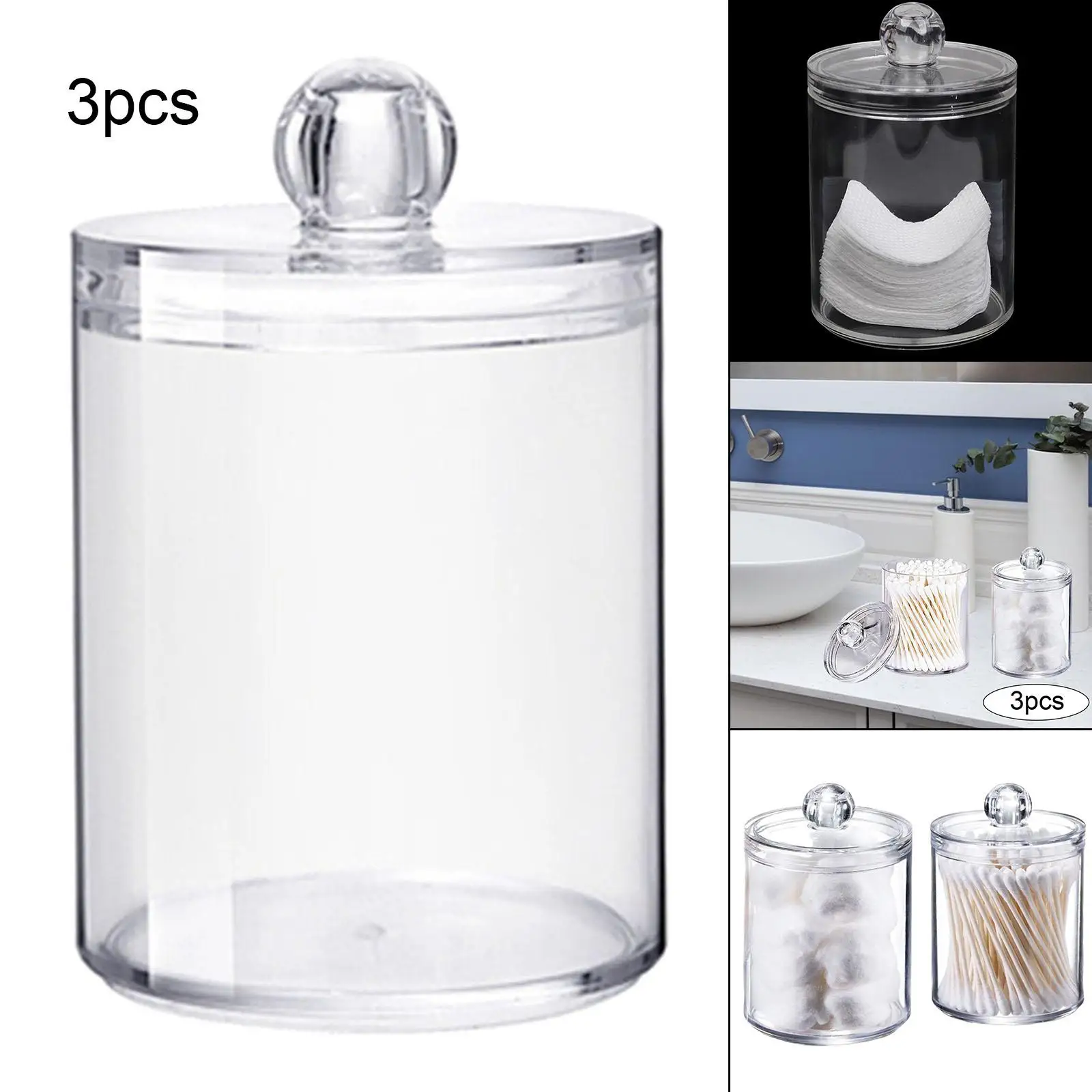 Acrylic 3 Pack Apothecary Jars with Lids Clear Bathroom Organizer Cotton Swab Ball Pad Holder for Floss Cotton Round Pads Q Tips