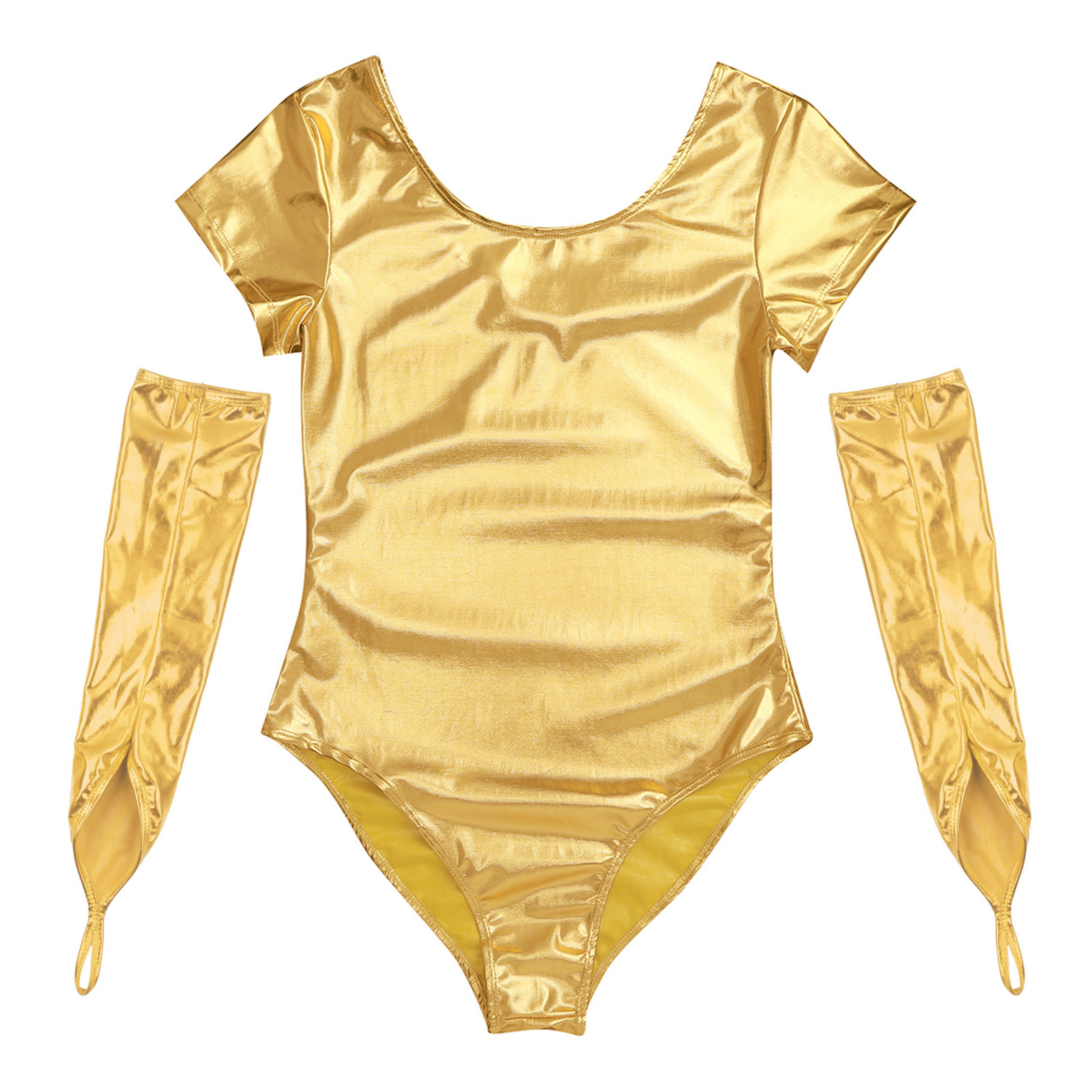 Damen glänzendes Lack leder Ballett Tanz kostüm Kurzarm einteiliger Trikot Body mit bogenlangen finger losen Handschuhen – Detail 6