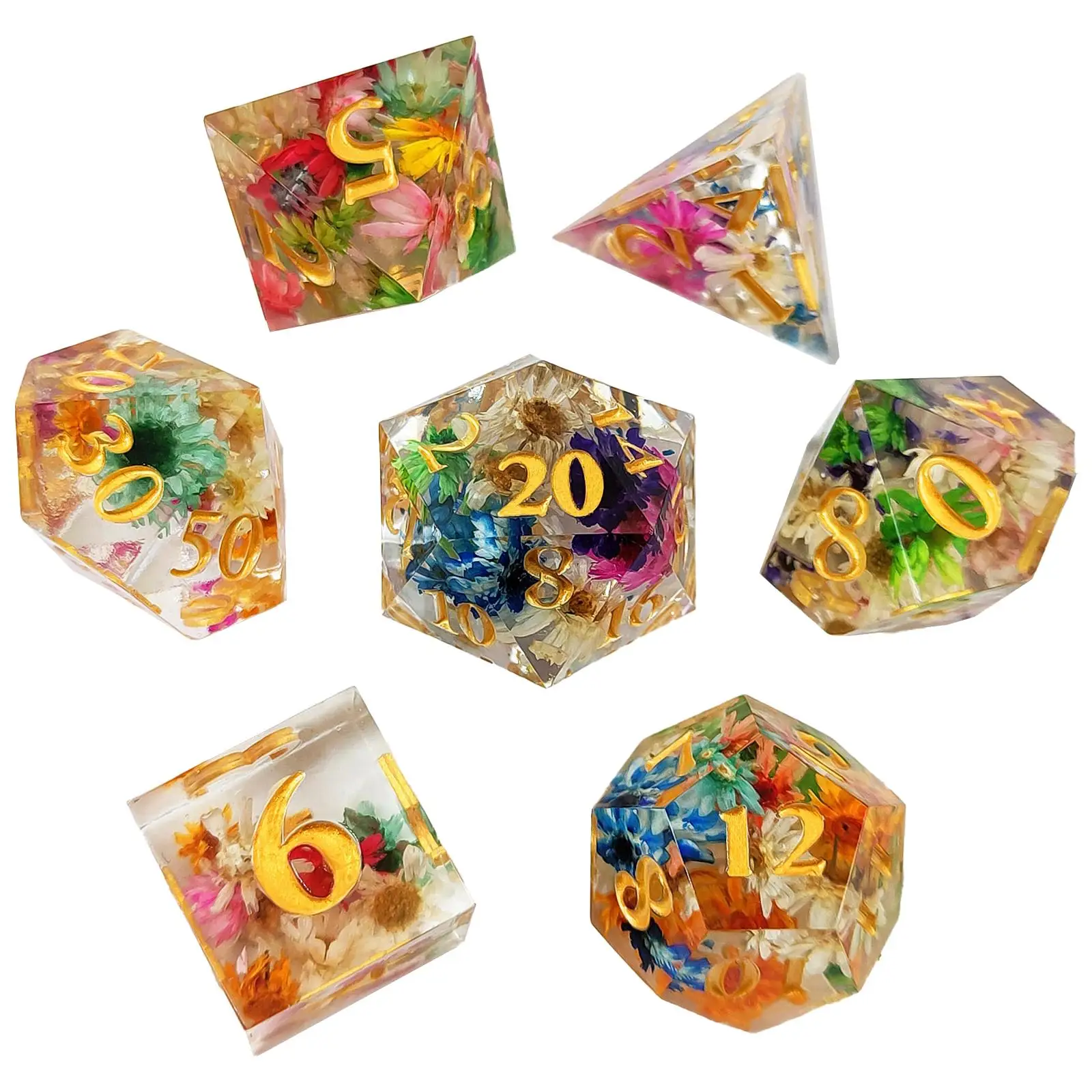 7x Polyhedral Dices Set Transparent Flower Engraved Game Dices for Parties