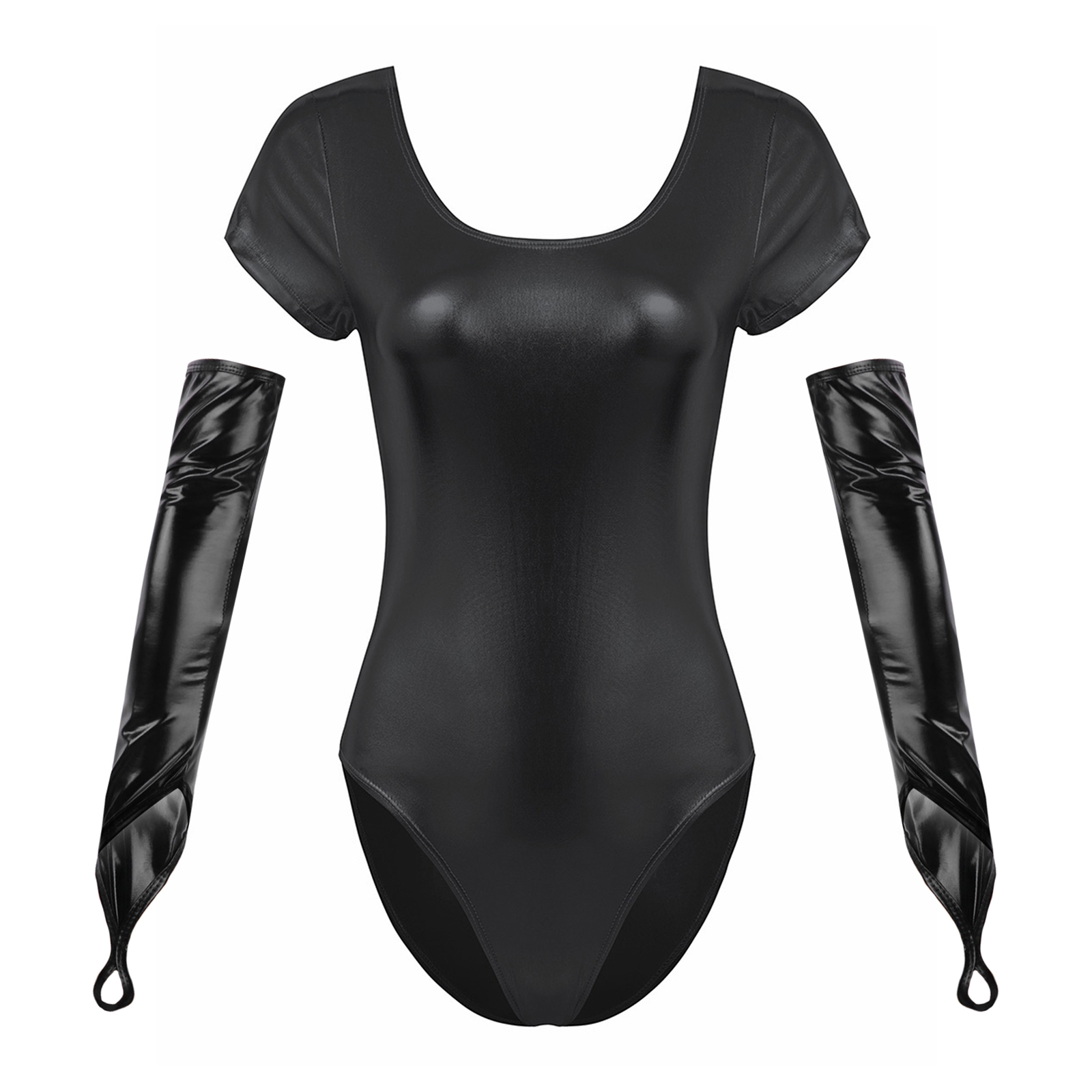 Damen glänzendes Lack leder Ballett Tanz kostüm Kurzarm einteiliger Trikot Body mit bogenlangen finger losen Handschuhen – Detail 4