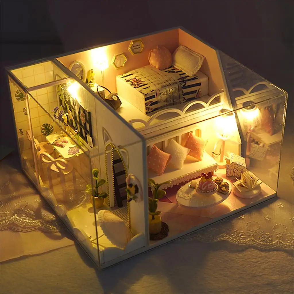 Romantic Wood Dollhouse with Furniture LED  for Girls Birthday