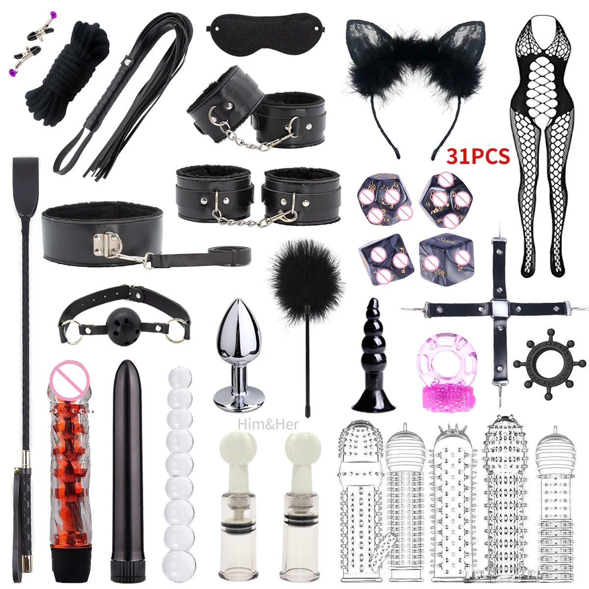 NEW BDSM Sexy Leather Plush Sex Bondage Set Handcuffs Sex Games Whip Gag Nipple Clamps Sex Toys Sex Appeal Multiple Choices 18+