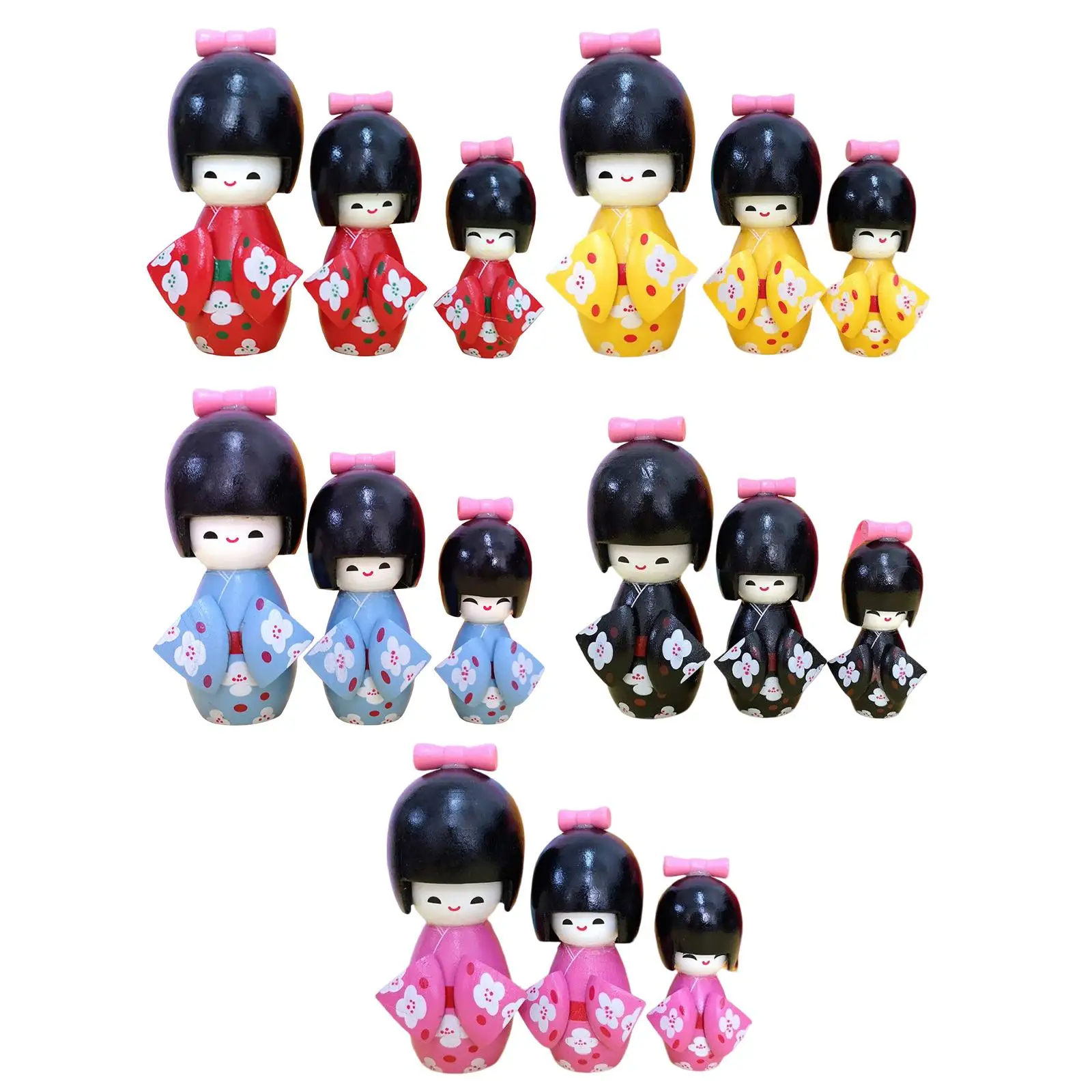 3x Wooden Japanese Doll Collectible Gift Dolls Girls Dolls Toy Doll Figurine for Ornaments Christmas Home Decoration Gifts