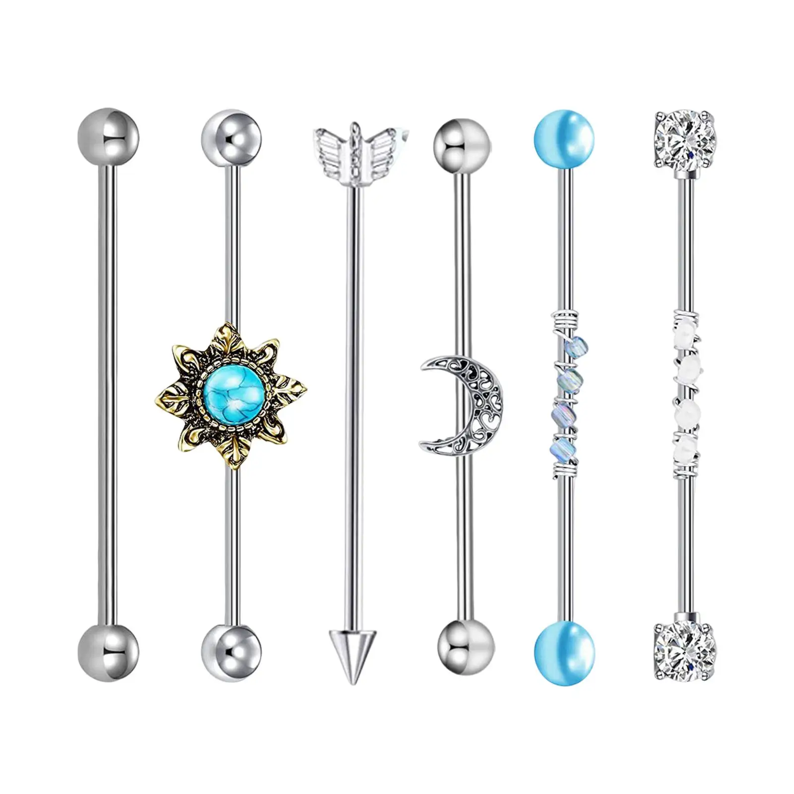 6Pcs Industrial Barbell Earrings Cartilage Body Piercing Jewelry Long 38mm 1 1/2inch Stylish Industrial Piercing Bar for Girls