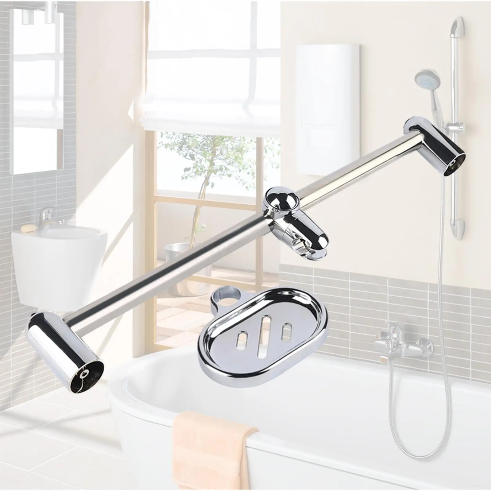 Bathroom Wall Mount Shower Head Slide Bars 360° Rotation Polished Surface with Adjustable Handheld Shower Head Holder 60cm