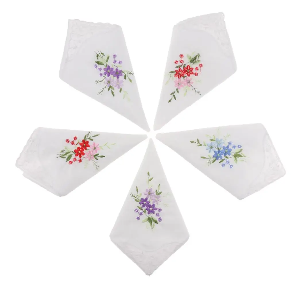 5pcs Vintage Floral Embroidered Hankies Cotton Lace Hanky