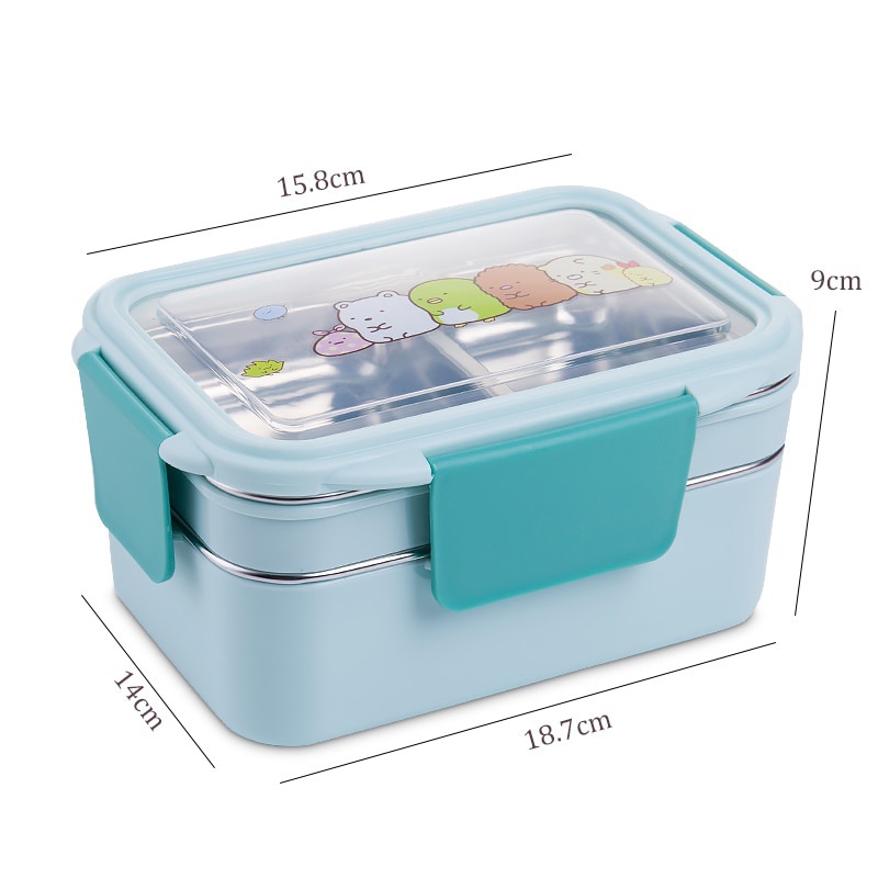 Mit zufälligem Muster Cartoon Lunchbox Edelstahl Doppelschicht Lebensmittelbehälter Tragbare Kinder Picknick Schule Bento – Detail 3