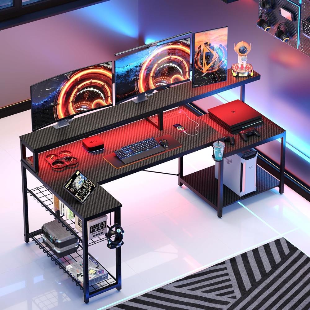 Description Picture 2 of itemLarge Corner Desk With Storage Shelf L Shaped Gaming Desk With Power Outlets Table Computer Desks Cup Holder Headset Hooks Black