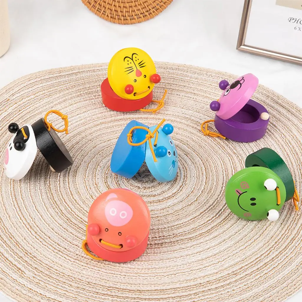 6pcs Wooden Finger Castanets Lovely Cute Animal Pattern Castanet Musical Instruments Rhythm Kids Toys for Baby Early Education