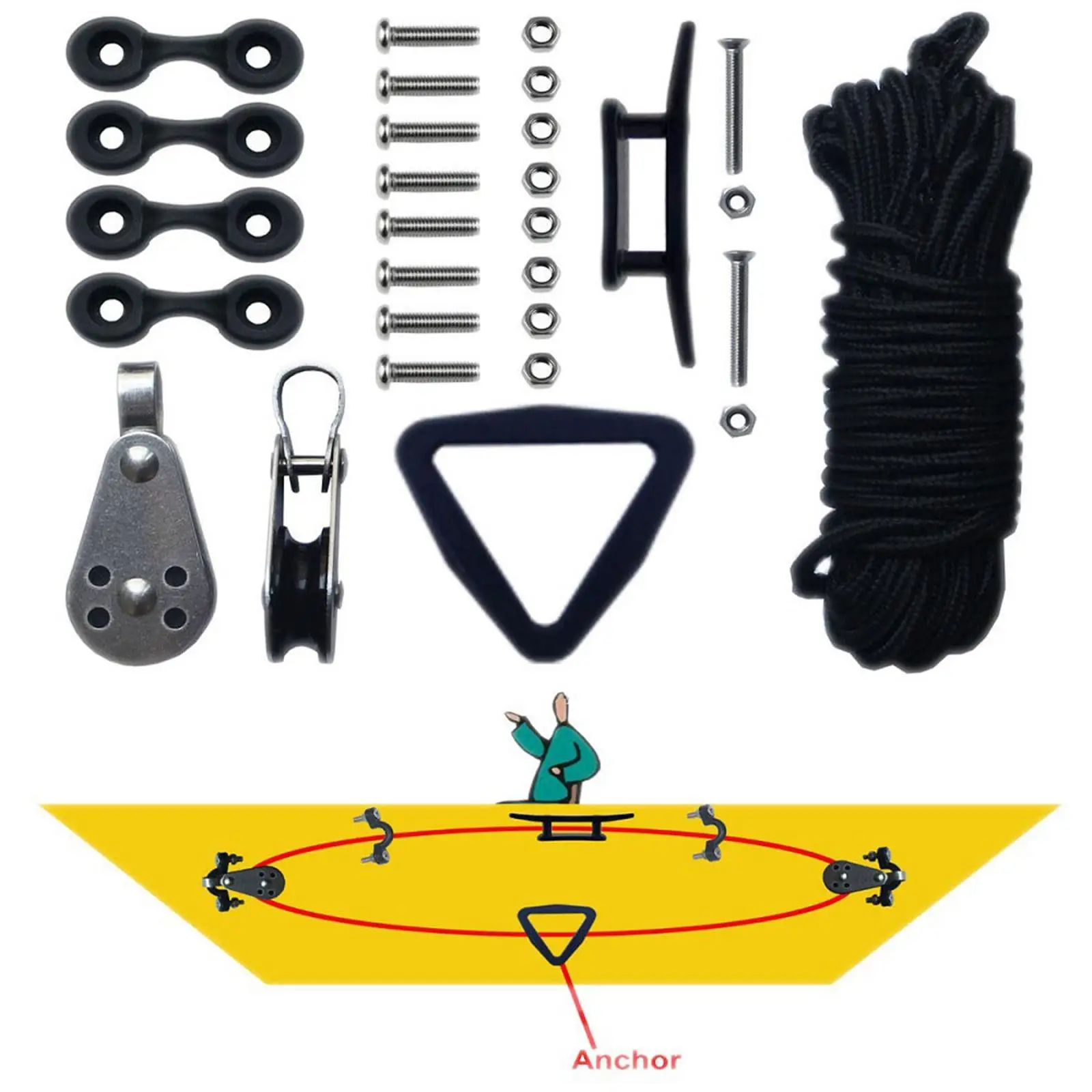 Kayak Canoe Anchor Trolley Kit System Pulley Cleat Pad Eye Ring with 30ft Rope