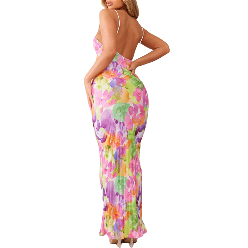 Vestido plisado para mujer, estampado floral/tie-dye/color liso, tirantes finos, sin mangas, para salir y fiestas.