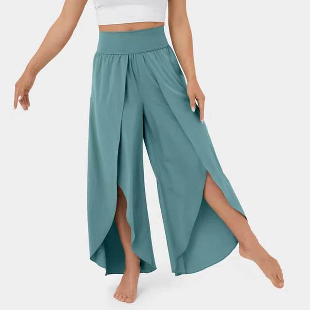 Summer Pants Women High Waist Wide Elastic Waistband Solid Color Thin  Ninth-Length Women Flowy Split Wide Leg Pants