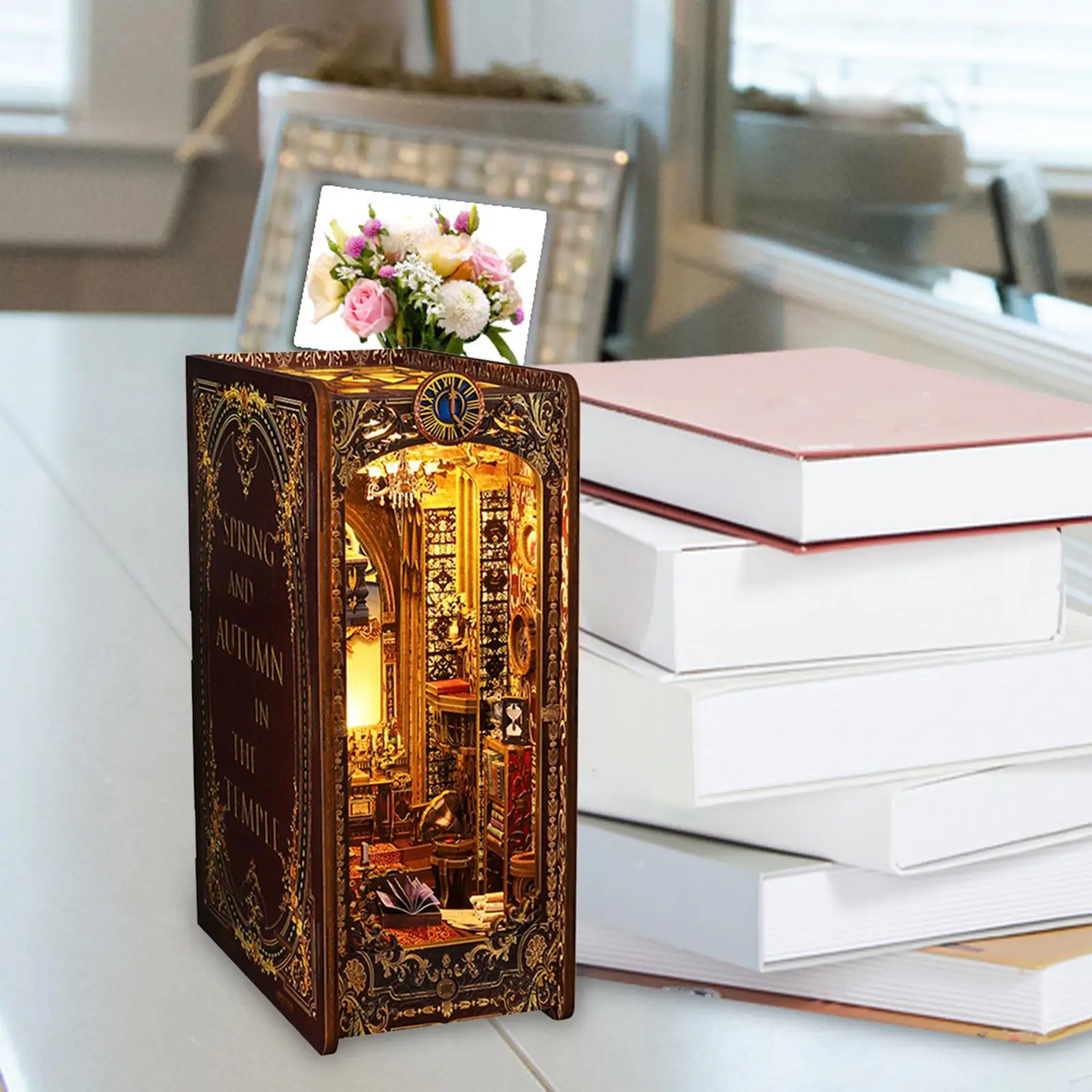 DIY Wooden Alley Booknook Miniature House Bookends Model Build Bookshelf Insert Booknook for Living Room Office Home Decorative
