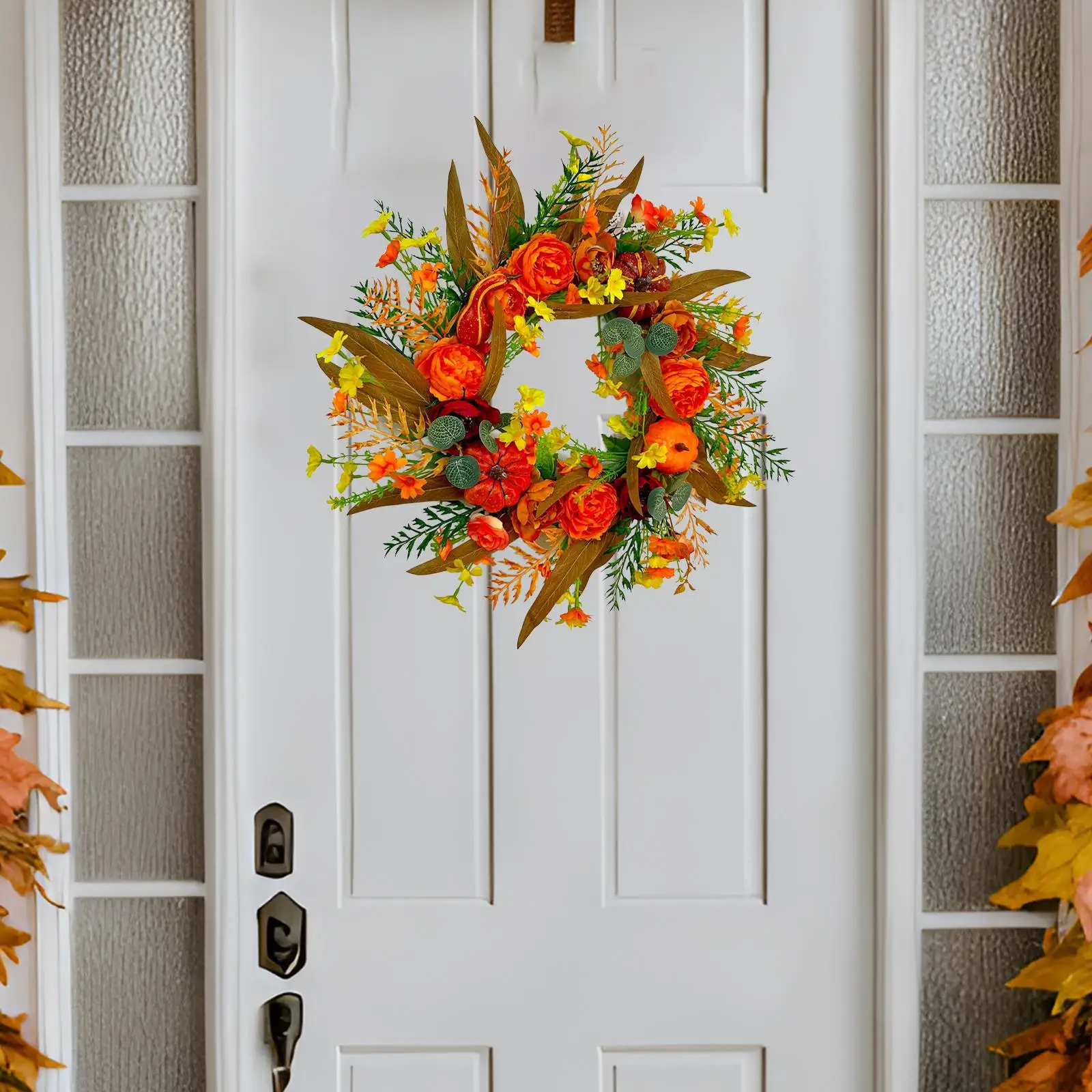 Fall Peony and Pumpkin Wreath 17.72`` Hanging Wall Decoration Fall Wreath Autumn Wreath for Festival Halloween Window Home Décor