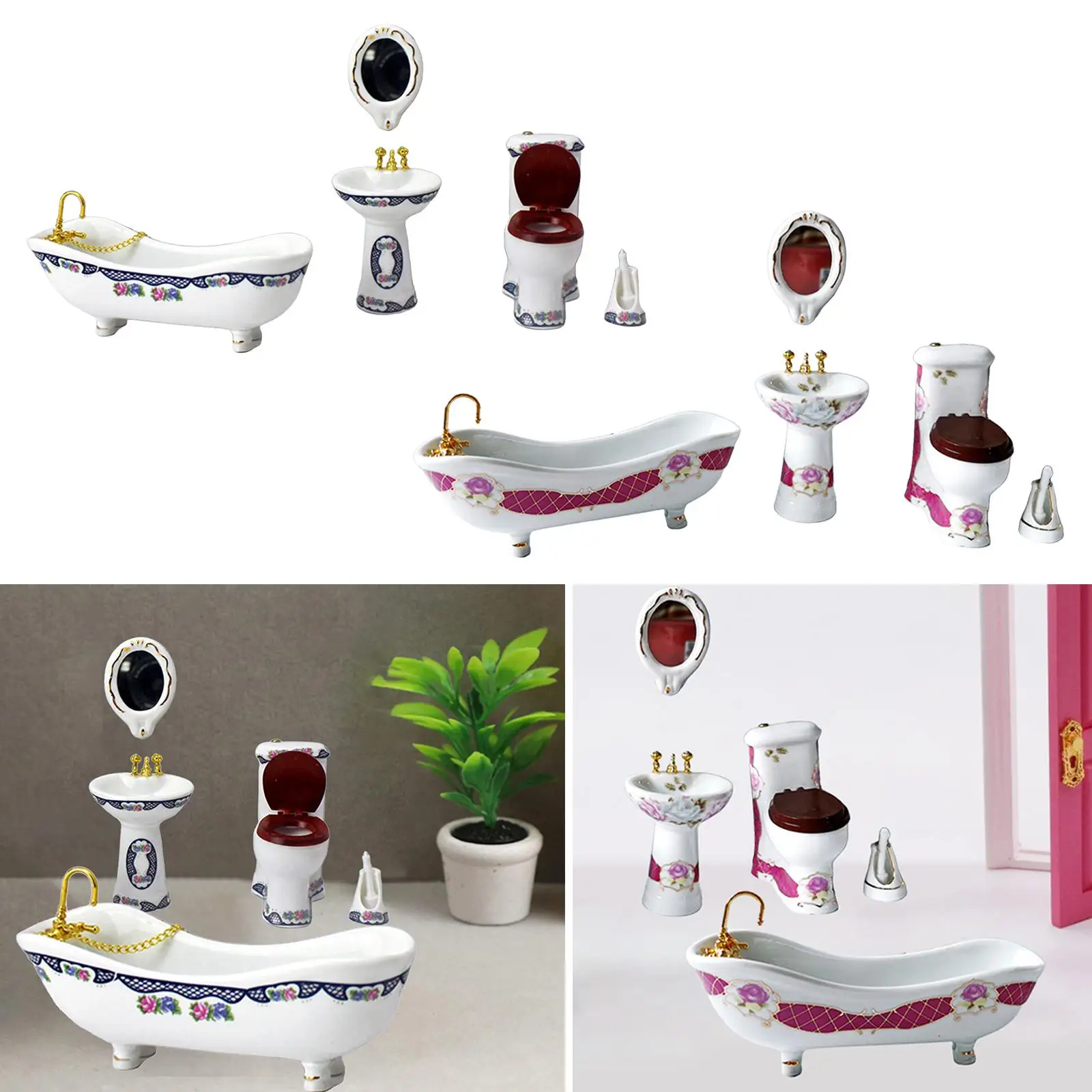 5 Pieces 1:6 Scale Dollhouse Porcelain Bathroom Set Mini Restroom Decoration