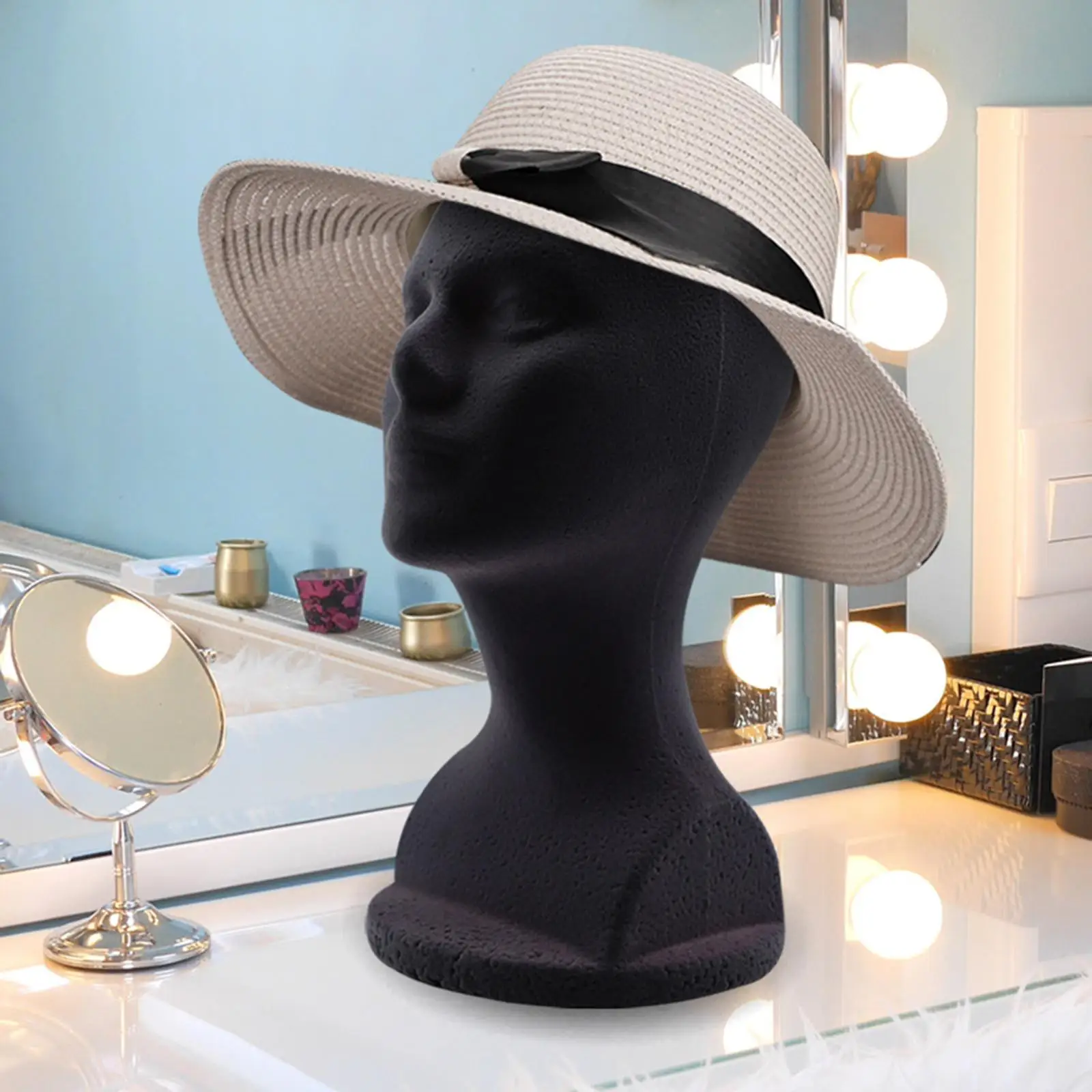 Man Styrofoam Mannequin Head Model Hat Display Stand Black Lightweight Yet Sturdy Portable DIY 12.6 inch Tall Stable Base