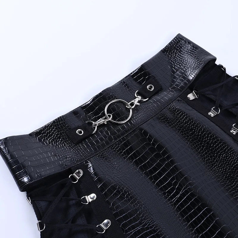 Punk Style Leather Mini Skirt Sexy Hollow Out Bandage Skinny Wrap Bodycon Pencil Skirt E-girl Dark Academia Emo Alt Streetwear