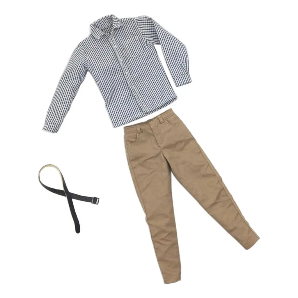 MagiDeal 1/6 Male Gray Plaid Shirt Khaki Pants W/ Belt for 12`` /Kumik