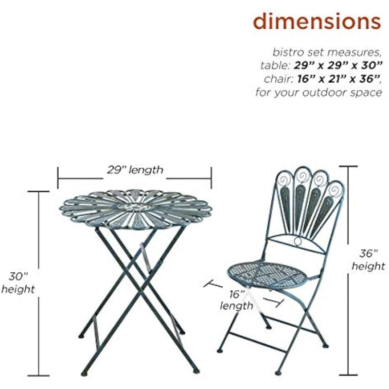 Description Picture 5 of itemAlpine Corporation Indoor/Outdoor 3-Piece Peacock Feather Rustic Metal Bistro Set Patio Seating, Light Blue, 30 Inch Tall