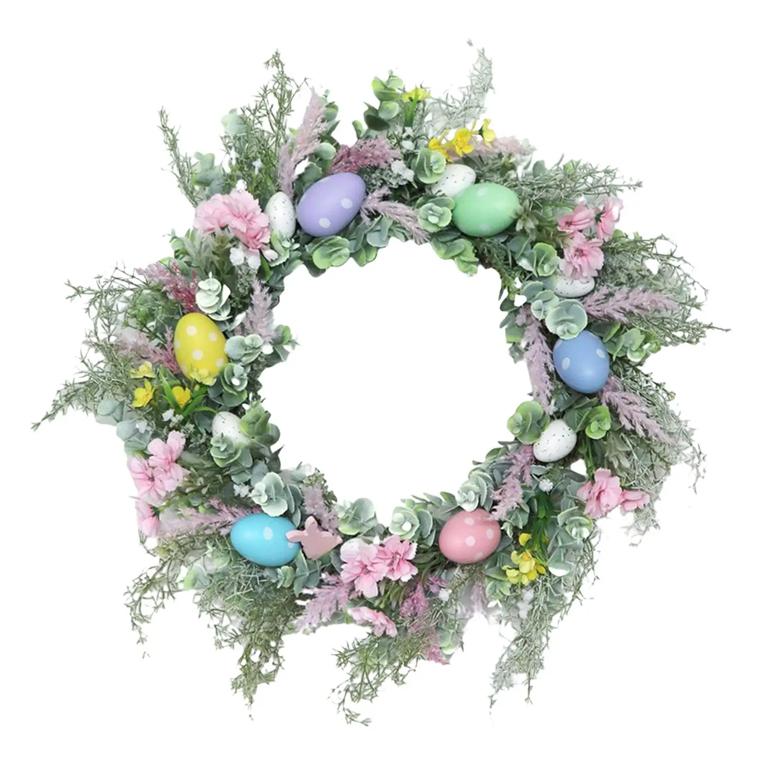 Round Easter Egg Flower Wreath Front Door Spring Window Artificial Green Leaves Garland for Holiday Garden Decoration Ornament