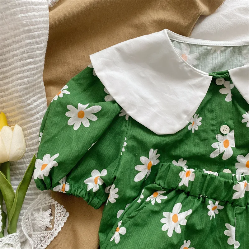 Clothing Sets luxury 2022 Summer New Fashion Top Pants Set Kids Doll Collar Green Fashion Clothes Set  Boutique Kids Clothing Simple Style twin clothing sets