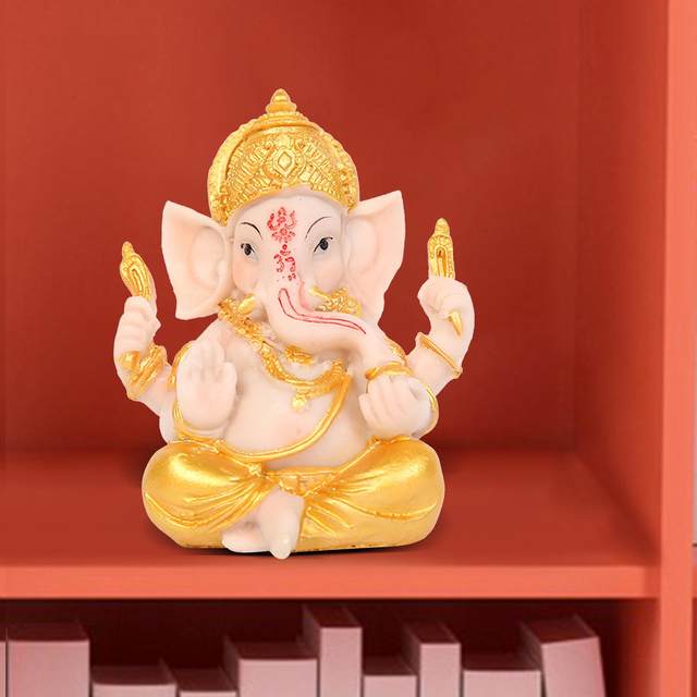 Handmade Resin Lord Ganesha Statue Sitting Gold Painted Sculpture, Hindu God Figurine Temple Decor deals Feng Shui Unique Gifts