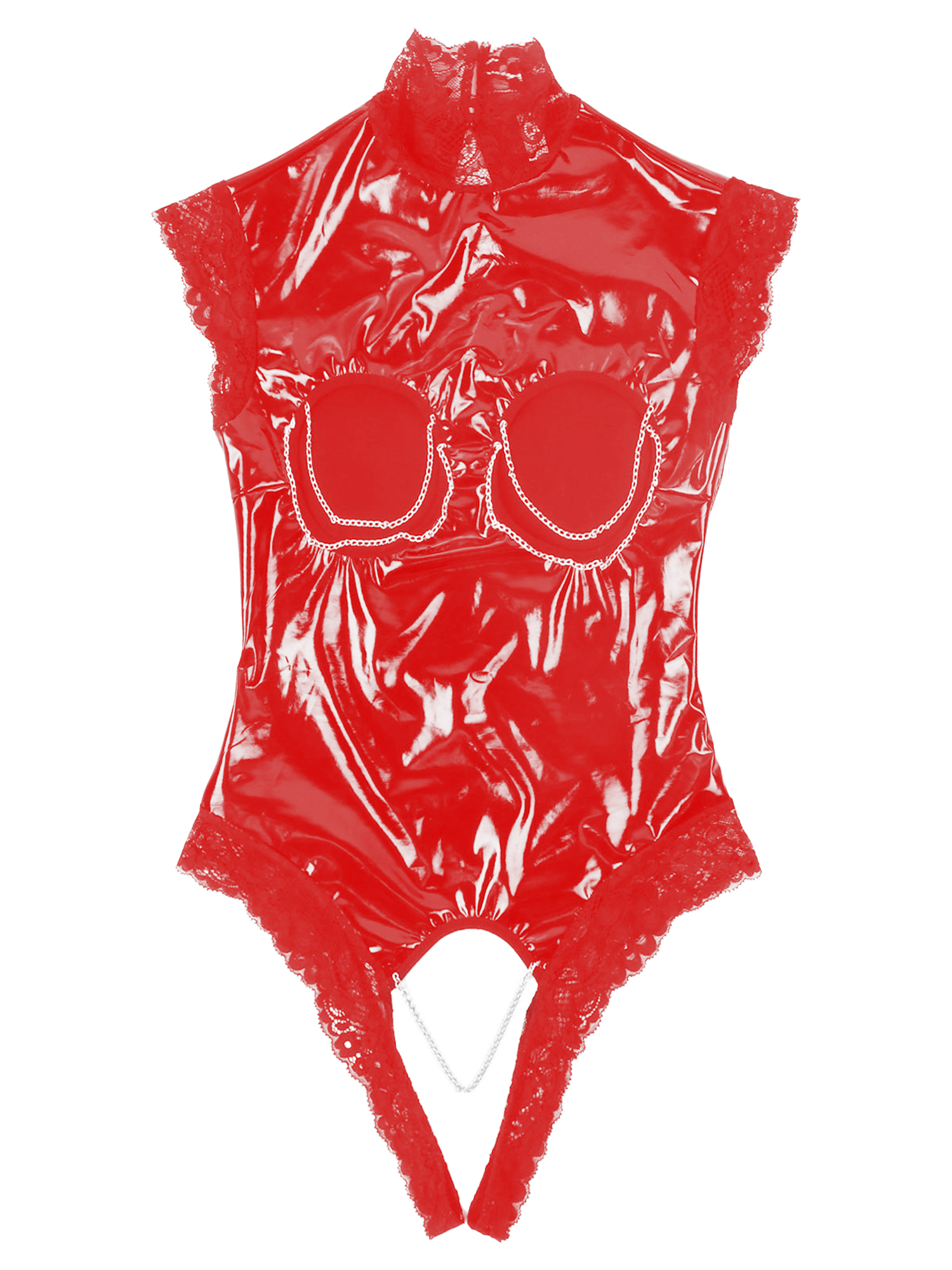 Description Picture 6 of itemWomens One-piece Shiny Leather& Lace Splice Lingerie High Neck Open Breast Crotchless Nightwear Bodysuit Leotard Jumpsuit 5XL