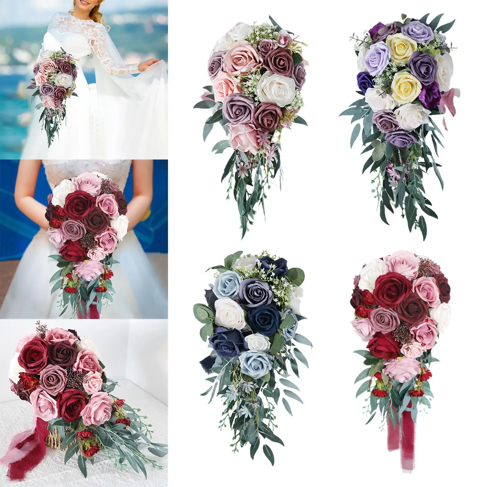 Elegant Wedding Bouquets for Bride Waterfall Shape Artificial Roses Silk Cloth Holding Bouquet for Church Anniversary Home Decor
